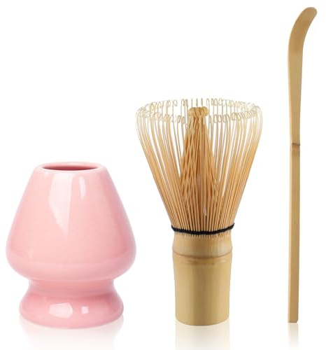 Service à thé matcha en bambou, support en céramique, cuillère à thé, kit d'outils pour thé matcha japonais, lot de 3 (rose)
