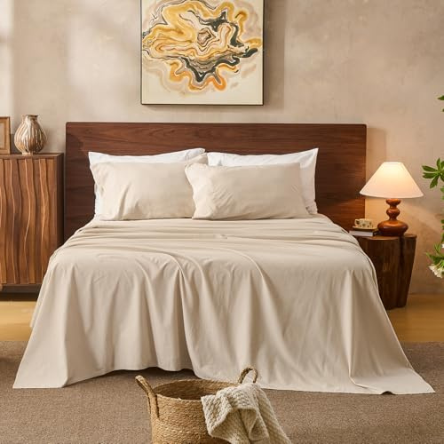 Overket 100% Linen Sheets King Size,Breathable & Durable 4-Piece Bed Flax Sheet Set,Soft All-Season Bedding for Hot Sleepers 16 Deep Pocket Oeko-TEX Certified,（King, Linen）