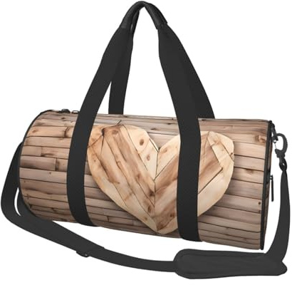 Runde Seesack aus Segeltuch mit Holzherzmuster, wasserdicht und reißfest. Faltbare Wochenend-Reisetasche