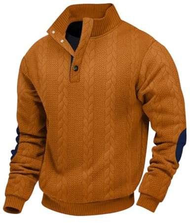 EndoraDore Felpe da Uomo Jacquard Casual a Maniche Lunghe Pullover Maglieria con Bottoni Colletto Regular Fit Sweatshirts Arancione XL