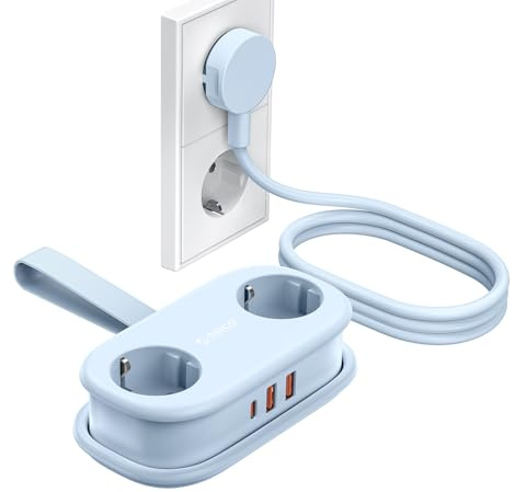 ORICO AP3 Reise Steckdosenleiste USB‑C PD 20W Blau | 2‑fach Schuko, 2x USB-A & 1x USB-C PD 20W, 2500W, 1,5m aufrollbares Kabel, platzsparend für Reisen, Zuhause & Büro