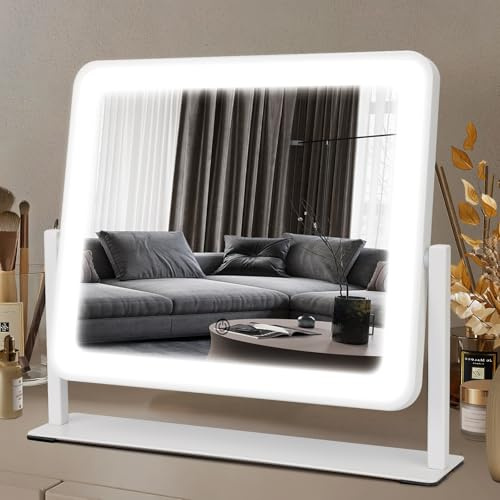 Bearolve Vanity Mirror with Lights, 14×12 LED Makeup Mirror, HD Professional Mirror, Smart Touch with 3-Color Lighting, Dimmable, 360° Rotation, Lighted Up for Makeup Desk, Bedroom (White)