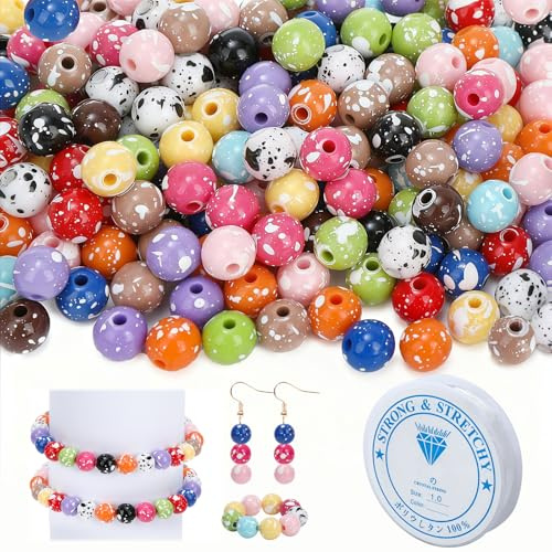 180 Stück 8mm Acryl Bunte Perlen für Armbänder Kinder, Bastelperlen zum Auffädeln mit Elastisch Schnur, Runde Schmuckperlen mit großem Loch, Selber Machen Set für Armbänder Handykette Ringe Kleidung