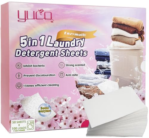 Fogli di Detersivo per Bucato fino a 100 Lavaggi, Ecologico, Facili da usare, A base vegetale, Biodegradabile, Senza Plastica (Fiore di ciliegio)