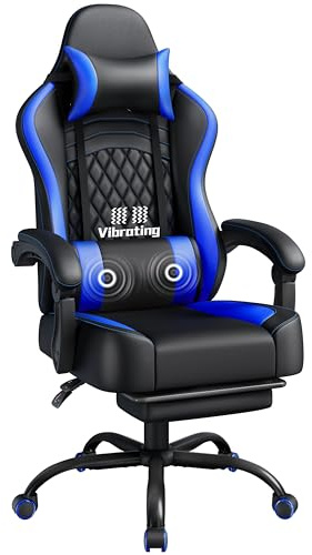 Yaheetech Sedia da Gaming Ergonomica con Cuscino Massaggio Lombare, Schienale Reclinabile e Poggiapiedi Estraibile, Sedia da Ufficio Girevole con Braccioli Imbottiti e Poggiatesta Rimovibile (Blu)
