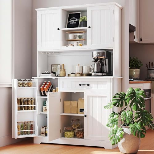 Gizoon Kitchen Hutch with Storage Kitchen Pantry Cabinet with Doors and Shelves Coffee Bar Cabinet with Storage Farmhouse Pantry for Dining Room and Craft Room, White