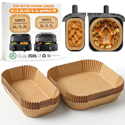 Airfryer Bakplåtspapper för Philips Dual Airfryer 3000/5000 Series NA350 NA352 NA550 9L(6L/3L) Tefal 8,3L(5,2L/3,1L), HONYAO 100 Stycken Bakpapper Tillbehör Bakplåtspapper för Varmluftsfritös