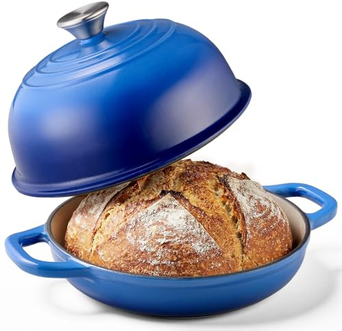 KOMORE 4.4L Cast Iron Dutch Oven for Sourdough Bread Baking with Lid, Blue | Ideal Baking Gift for Home Bakers, Domed Enameled Casserole Dish. Roasting, Braising & Frying - Oven Safe 260°C, Non Stick.