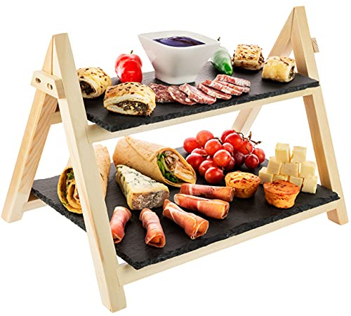 Nyxi 6 X Slate Cake Stand Serving Board Premium. Pine Wood Rustic Slate Boards 2 Tier Foldable Rack Food Serving Tapas Sushi Appetiser Dishes Serving Tray Plates Platters