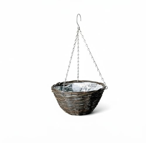 LBS Horticulture Willow & Black Rattan Hanging Basket – Round Planter with Chain, Liner Included – Rustic Outdoor Garden Flower Basket 30cm