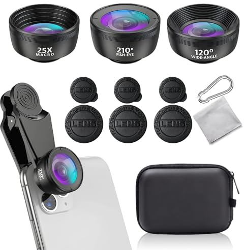 Objectif macro 3 en 1 pour téléphone portable, objectif fisheye HD 210°, grand angle 120°, objectif macro 25X, pour la plupart des smartphones