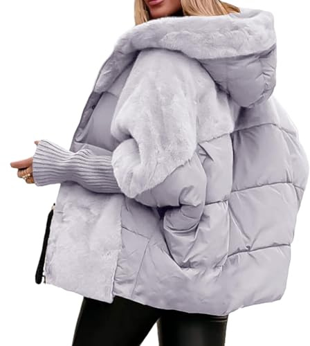 Överdimensionerad quiltad jacka för kvinnor med huva, lappverk design, vadderad, lätt och varm, teddyjacka för kvinnor