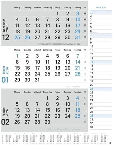 3-Monats-Planer blau 2024. Praktischer Wandplaner mit Datumsschieber. Büro-Kalender mit Notizspalte und Jahresübersicht. Wandkalender 2024 fürs Büro. 30 x 39 cm.