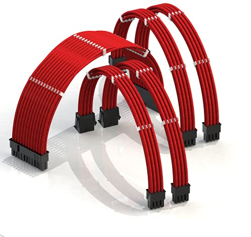 LINKUP - AVA 30cm PSU Cable Extension Sleeved Custom Mod GPU PC Braided w/Comb Kit | 1 x 24 P (20+4) | 2 x 8 P (4+4) CPU | 2 x 8 P (6+2) GPU set | 300mm - Red