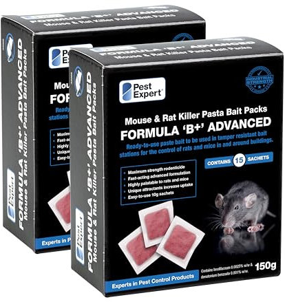 Pest Expert Formula B+ Advanced Rat Killer Poison & Mouse Poisoning Indoor Pasta Bait 30 x Sachets (300g), Single Feed Maximum Strength Brodifacoum