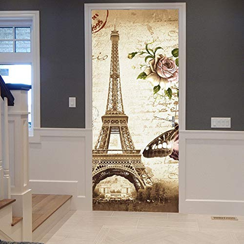 A.Monamour Türtapete Selbstklebend Türfolie Türposter 3D Paris Eiffelturm Rose Blumen Schmetterling Vintage Retro Stil Vinyl Folie Türdeko Tapete Wandbild Türaufkleber Türtattoo 77 x 200 cm