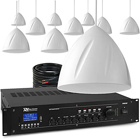 Power Dynamics Pendant Speaker System - 10 x 5.25 White Speakers & 4-Zone 360W Mixer Amplifier, Background Music & Warehouse PA Audio for Commercial, Retail, Church, Restaurant Installation
