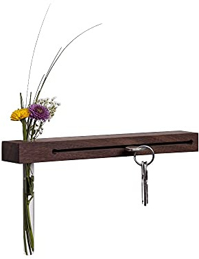 WOODS Schlüsselbrett mit Blumenvase I handgefertigt in Bayern I Nut - Schlüsselhalter I Wanddekoration aus Holz I Schlüssellablage Nussbaum I Schlüsselleiste Holz mit Reagenzglas (Nussholz, 40 cm)