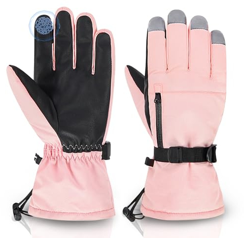 Kids Winter Gloves Waterproof with Zip Pocket Snow Ski Gloves Boys Girls Toddler Windproof 04 Pink Medium