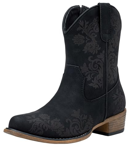 Jeossy Women's Cowboy Boots, Black Cowgirl Ankle Western Booties with Square Toe Low Heel, Short Comfortable 9805 Boot with Zipper Size 8(DJY9805 Black 08)