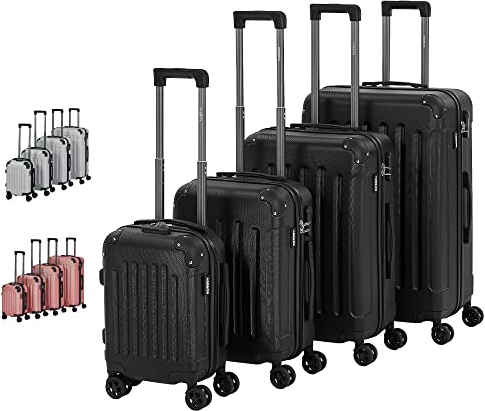 Arebos 4tlg. Hartschalenkofferset I ABS-Hartschale I Trolley Kofferset I Reisekoffer mit Teleskopgriff I Inkl. Reißverschluss-Schloss, 360° Rollen I Reisekofferset S-M-L-XL | Schwarz