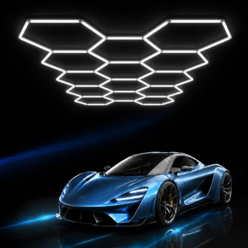 rivestiiltuogarage Lámpara de techo LED hexagonal con diseño de panal de abeja, modular - 44460 lúmenes y 6500 K para garajes, talleres, concesionarios, gimnasios y peluquerías - [420 x 238 cm]