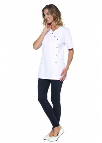 KODAMA - Tunique Médicale Femme Col Cache-Cœur Asymetrique -Blanche, Manche Courte- Blouse Professionnel avec Cordon de Cintrage (Taille 5 - XXL - 54/56)