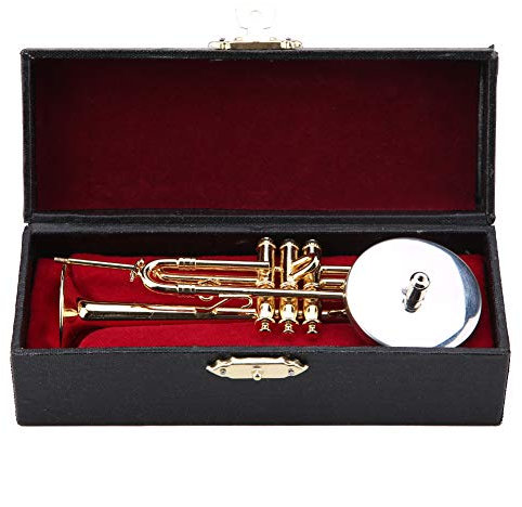 MUNEFE Trompeteninstrument-Ornamente, Miniatur-Trompeten-Nachbildung, Blechblasinstrument-Modell Für Bücherregal, Schreibtisch Mit Ständer Und Koffer