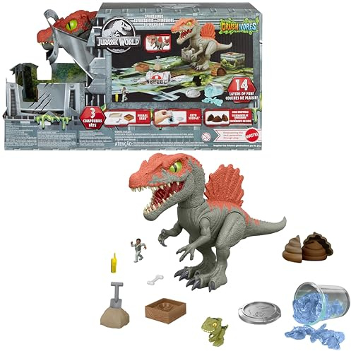 Mattel Jurassic World Käfigausbrecher Spinosaurus Dinosaurier-Actionfigur und Auspackspielzeug, Sand und Gel und Knete, Ausbruch, Suche und Rettung, HTP71