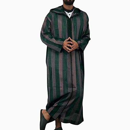 KBOPLEMQ Caftán Hombre Ropa Islámica Hombre Vestido a Rayas Tóbo con Capucha Manga Larga Batas Musulmanas Dubai Abrigo Largo Invierno Dubai Robe Verde Ropa de oración para Hombres