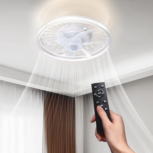 Biukis Prise Ventilateur de plafond, Petit ventilateur avec lumière, 3 couleurs de lumière télécommande 4 vitesses de vent pour petite chambre garage salle de bain Ventilador de Techo