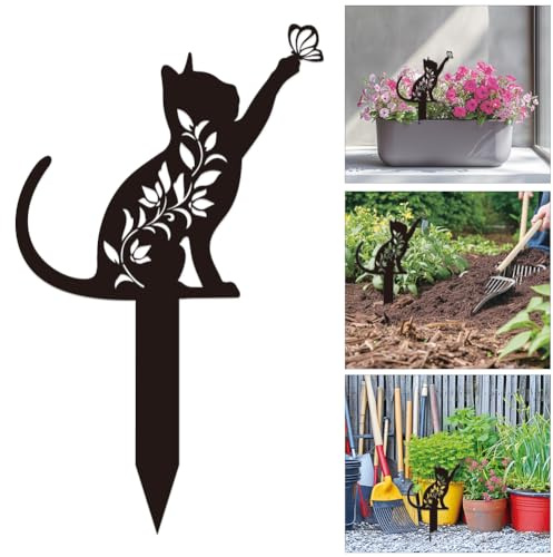 INFUNLY Gartenstecker Mit Katzen Und Schmetterlingsmotiv Schwarzes Gartenschild Plakette Plastikblumen Gartenschild Mit Stecker 6.5x10.6 Hofschild Mit Steckern Für Terrasse Gartendekoration Im Freie