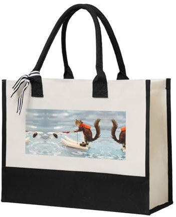 WANLON Einkaufstasche aus Segeltuch, Motiv: Wasserski, Fuchs, Eichhörnchen, wiederverwendbar, personalisierbar für Reisen, Strand, Picknick, Einkaufen, Umzug, beige, Einheitsgröße
