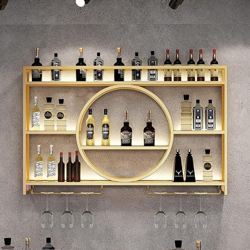 Porte-Bouteilles Muraux Industriels Avec Porte-Verre,Casier À Vin En Métal,Porte-Verre À Vin Suspendu Mural Pour Bar Boissons,Étagères Polyvalentes.(Size:100x15x80cm/39x6x31in,Color:Or)