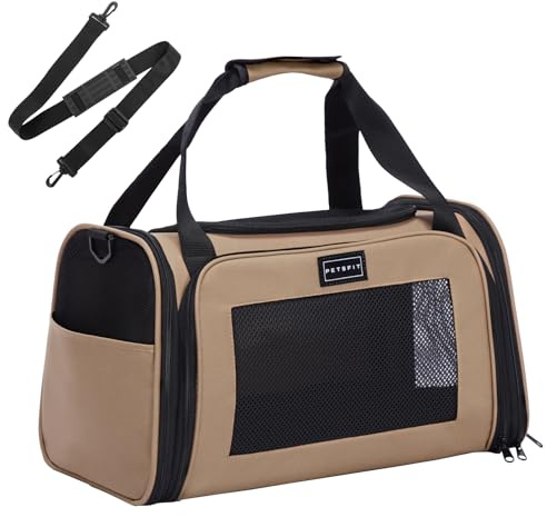 Petsfit Transportbox Katze kleine Hunde leicht Hundetasche Flugzeug für kleine Hunde Katzen Transporttasche Hundetragetasche,Tragetasche Hund Flugtasche mit Schutzgurt & erweiterbare Matte, S/Khaki