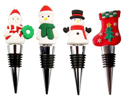 CAREOR 4 Pcs Christmas Snowman Wine Stoppers Reusable PVC Christmas Decorative Wine and Beverage Bottle Stoppers Plugs for Xmas Party Birthday Supplies Accessories Gift