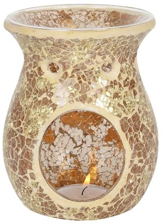 Tech Island Wax Melt Burner, Gold Crackle Design Oil Burner, Round Tea light, for Room Décor, Ornaments, Made with Glass (Glass Shape)