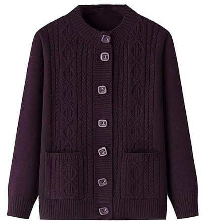 LIUYUYOUGO Elderly Knitted Cardigan Sweaters Round Neck Aran Cable Chunky Knit Cardigans Open Front Grandma Wear Sweater Coat Old Lady Casual Top Autumn Jumper Knitwear Top Fuchsia XL