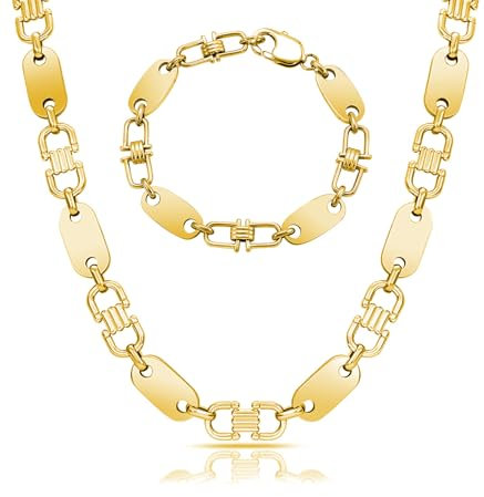 T TAKONE Edelstahl Plattenkette Set für Herren – 60 cm Halskette und Passendes Armband, Stilvolle Steigbügelkette in Hochwertigem Design (Gold)