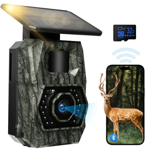 MAXDONE Solar Wildlife Camera 4K 64MP with Night Vision Motion Activated | WiFi Bluetooth Trail Camera Built-in 6000mAh Rechargeable Battery 0.1s Trigger, IP66, Trail Cam for Wildlife Monitoring