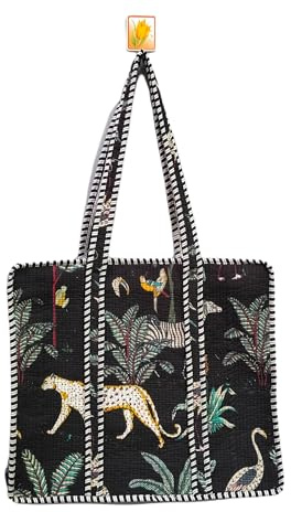 INDIAN COTTON CRAFT Grand sac fourre-tout matelassé réversible en coton imprimé à la main - Imprimé jungle - Respectueux de l'environnement - Durable - Robuste - Fait à la main - Sac bohème