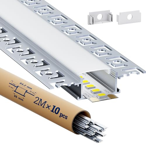 GEEKLUX 10 Sets LED Trockenbauprofil Aluminium 2 m (Gesamt 20 m) für Gipskarton, Led Profil für Streifen bis 20mm, LED Schiene mit Endkappen und led Diffusor - 2000 x 64,2 x 13,8 mm