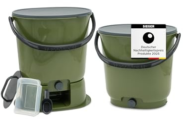 EM-Chiemgau Komposteimer Küche Geruchsdicht [2 Stück] je 15,3 L Volumen Küchenabfalleimer Bokashi Eimer Komposter für Küchenabfall, Mülltrennung & Kompostieren | Biomülleimer (Olive)
