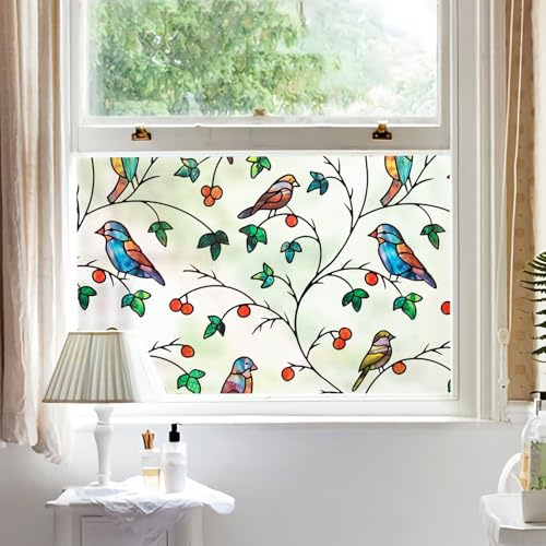 dktie Fensterfolie Sichtschutzfolie Farbige Dekorative Fensterfolie Bunte Zweige und Vögel Blickdichte Milchglasfolie Statisch haftend, Ohne Kleber, UV-Schutz, Sichtschutz, Blendschutz 44.5x200cm