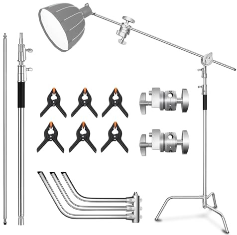 WUDLEP C Stand Light Stand, Pro 100% Stainless Steel Heavy Duty Stand, Max Height 10ft/330cm Photography Light Stand with 4 Feet/124cm Boom Arm & 2 Grip Head, for Studio Monolight, Softbox, Reflector