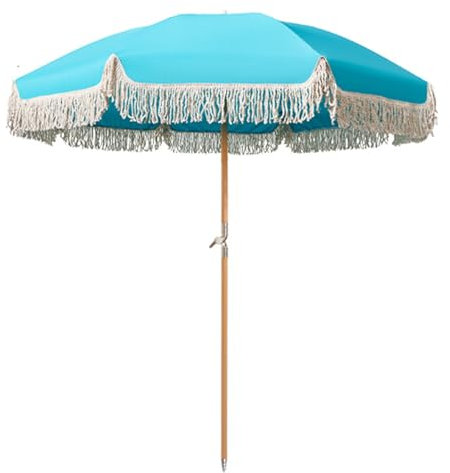 JTPMYFT Ombrellone da Esterno con Borsa for Il Trasporto, ombrellone da Spiaggia con Nappe, con palo in Legno e inclinazione a Bottone, Adatto for Giardino e Prato.