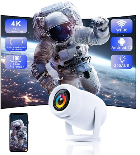180°Mini Auto-Keystone]Smart Portable 4k with WiFi and Bluetooth projector for iphone,300ANSI bedroom ceiling Projector with Apps 1080P Home/outdoor Projector for video game console/pc/Laptop/ps5.