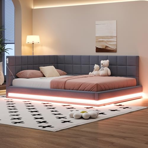 Polsterbett 160x200 mit LED und USB-Anschluss, Bettgestell mit Lattenrost | Tagesbett Schlafsofa Doppelbett Bettsofa Gästebett Jugendbett, Samt, ohne Matratze, Grau