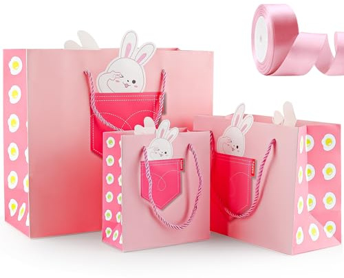 Yiran Kaninchen Geschenktasche mit Rosa Geschenkband, 3Stück Geschenktüte Große Mittlere Klein für Geschenk & Süßigkeiten Verpackung, Tiere Party Deco