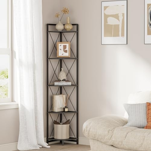 Cerlyunzan 5 Tier Corner Shelf Stand, 64 H Tall Corner Bookshelf, Black | Industrial Metal Corner Shelf for Living Room Decor, Plant Stand Display Shelf for Bedroom, Bathroom, Small Spaces